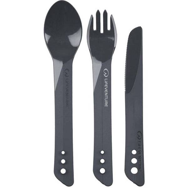 Lifeventure Ellipse travel cutlery set with knife, fork, and spoon made from BPA-free durable plastic.