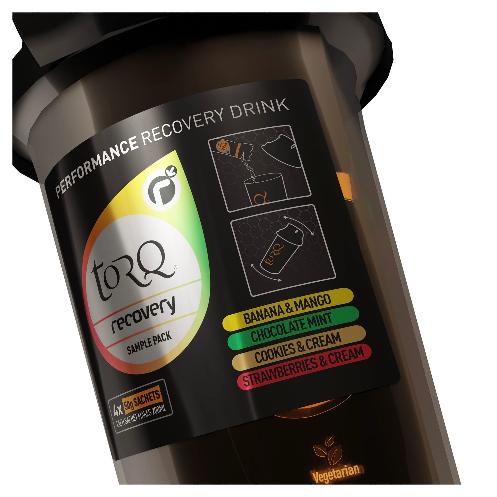 TORQ Recovery Mixer Bottle pack with four flavored recovery drink sachets, designed for mixing and hydrating post-exercise.