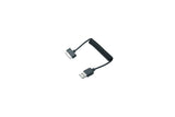 Black Topeak Apple Panobike 30-Pin cable for charging Apple devices, shown connected to compatible accessories.