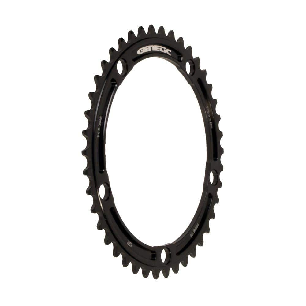 Genetic Chain Ring Tibia Track Chainring, CNC machined aluminum, 1/2 x 1/8 inch, for road bike components, detailed close-up image