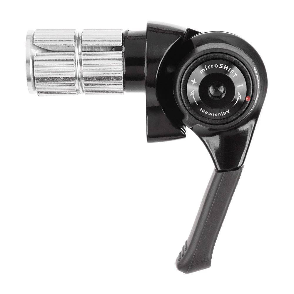 MicroSHIFT MTB bar end shifters with adjustable indexed and friction modes for drop bar bikes, mounted on handlebars.