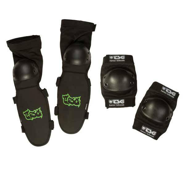 TSG Junior bike protection set featuring adjustable straps and certified safety gear for kids' cycling safety.