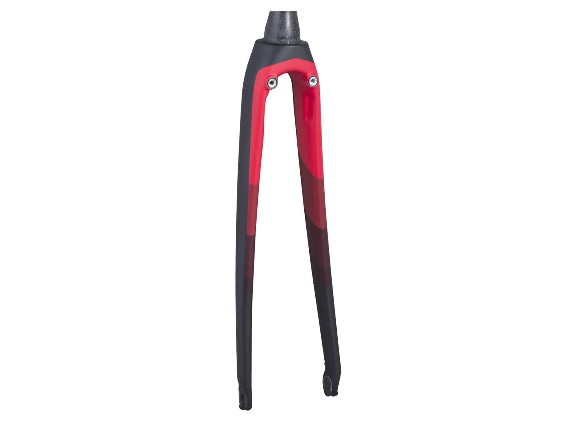 Trek 2017 Domane SLR 9 700C fork compatible with disc and rim brakes, shown in close-up view of the bicycle component.