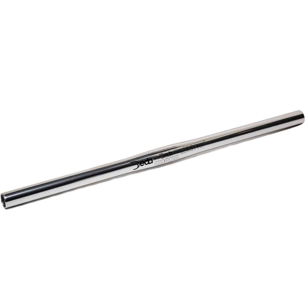 Deda Elementi Dritto Silver flat bike handlebars for urban bikes with 26.0mm diameter, showing the sleek, straight design.