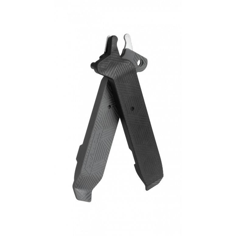 Topeak POWER LEVER II bike workshop tool with chain hook and detachable tyre levers in black, shown on a workbench.