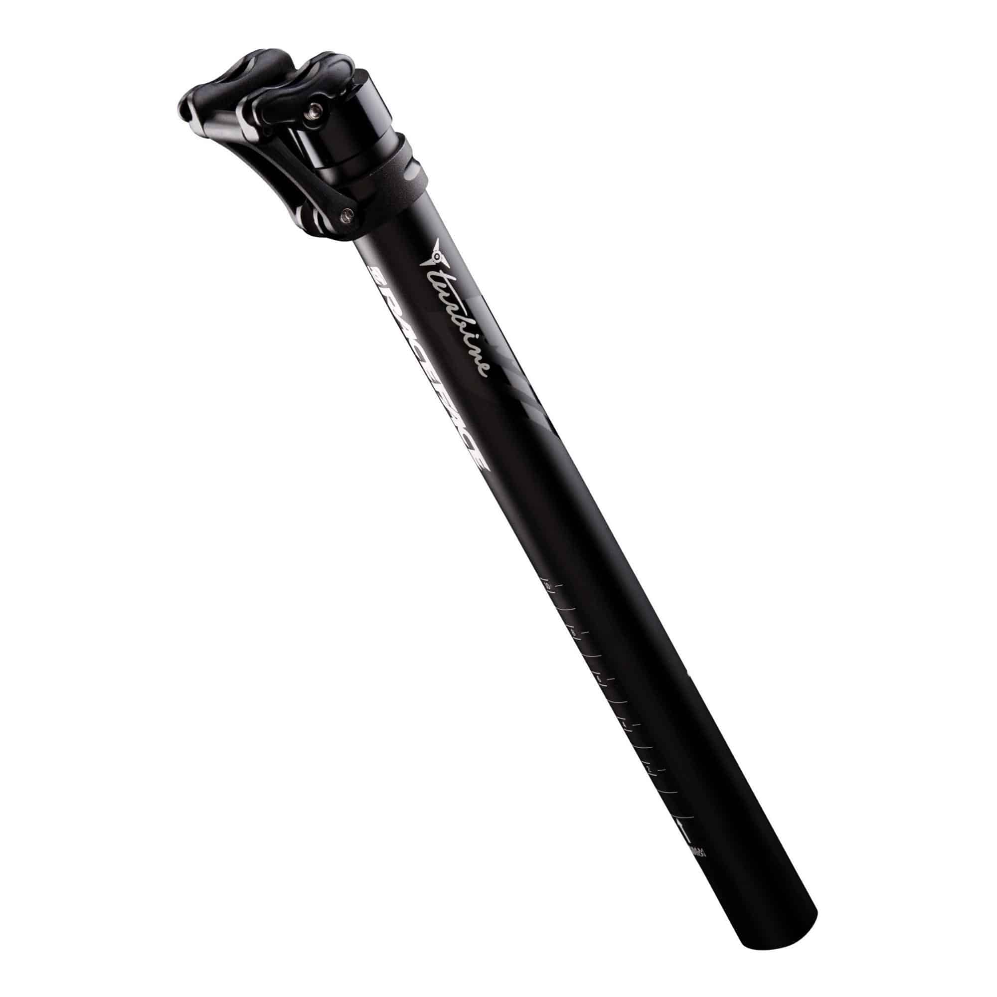 Race Face Turbine 27.2mm XC seatpost with adjustable head, showing the sleek carbon fiber design and clamp mechanism.