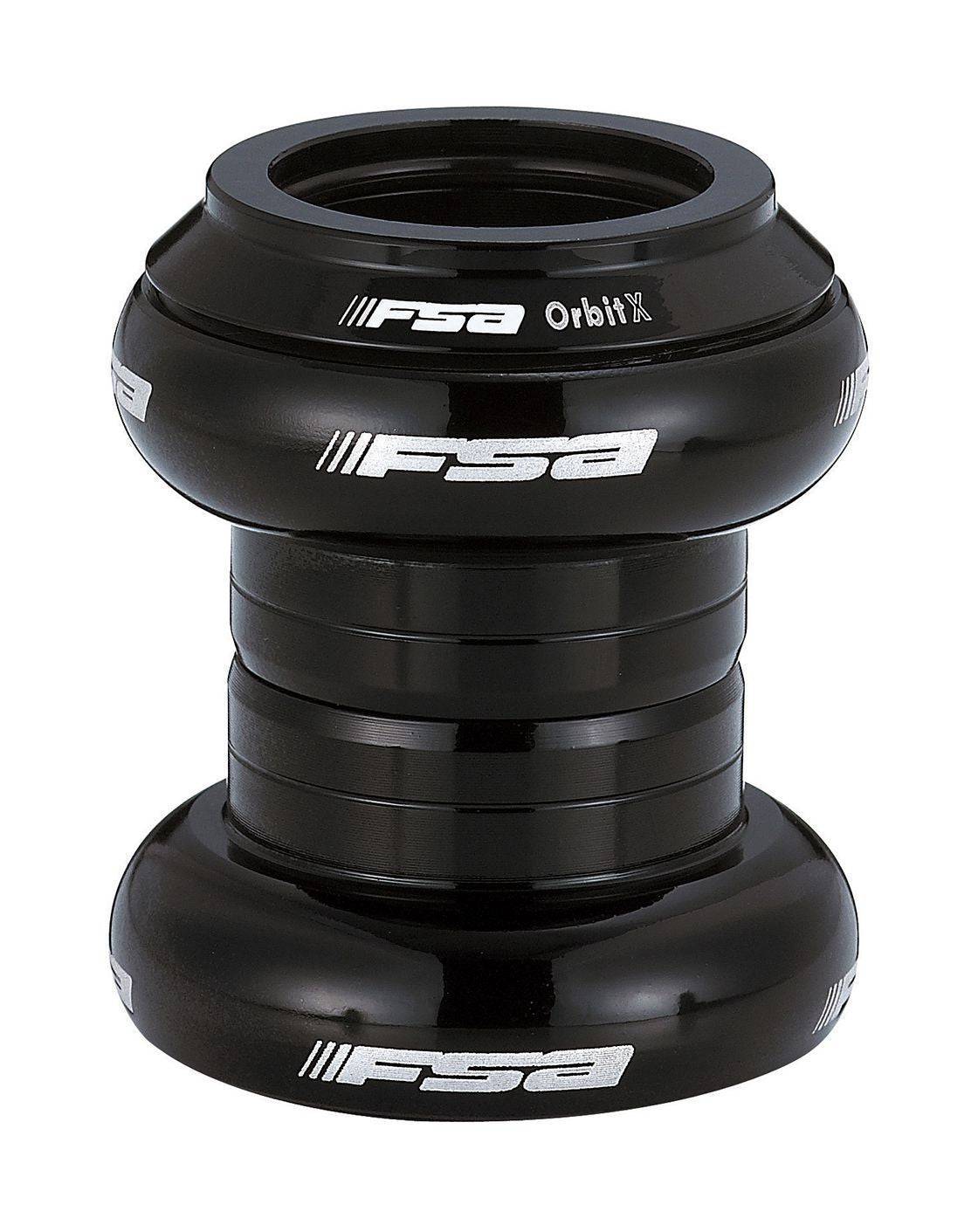FSA TH-857 1-1/8" black threadless bike headset showing sleek metal finish and smooth threading for steering assembly.