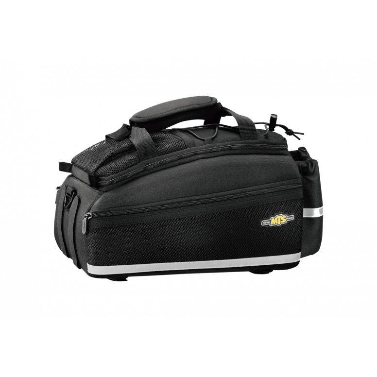 Topeak MTS TrunkBag EX 8L black bike rack bag with velcro mounting system, weather-resistant accessory for cycling.