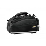 Topeak MTS TrunkBag EX 8L black bike rack bag with velcro mounting system, weather-resistant accessory for cycling.