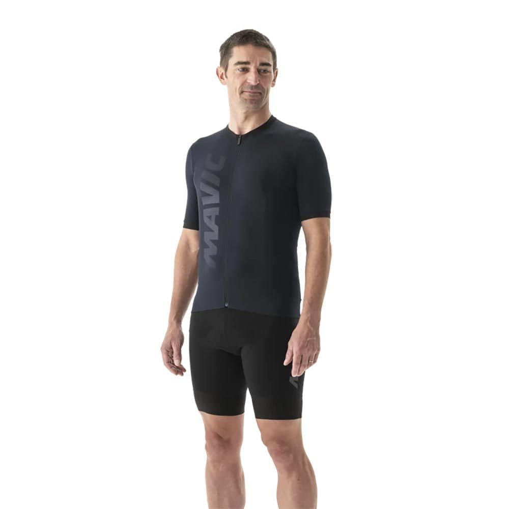 Mavic Aksium short sleeve cycling jersey with UPF 30, reflective details, breathable fabric, and vibrant design for active riding.