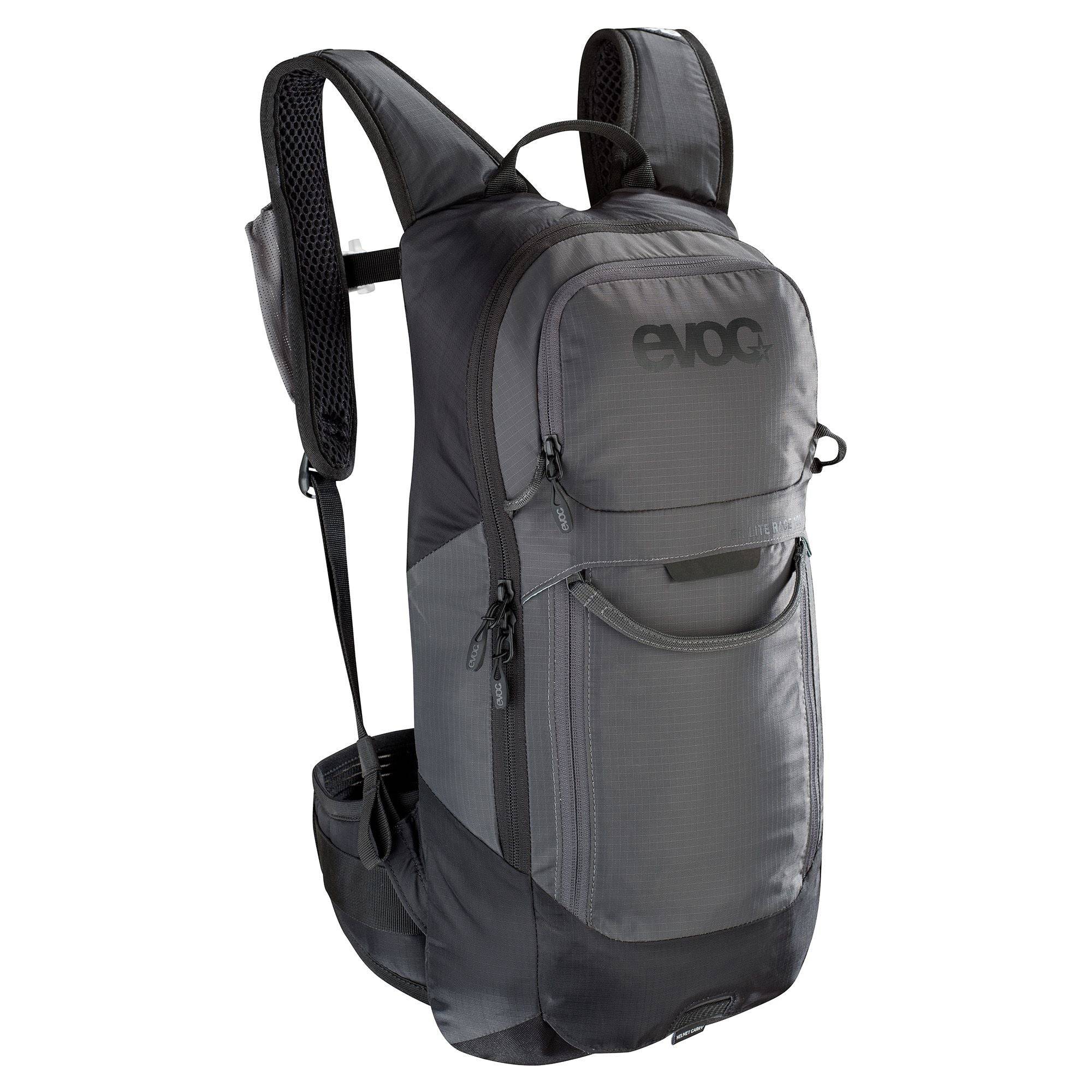 EVOC FR Lite Race Protector Backpack with LITESHIELD shock absorption and ventilation, showing padded straps and protective features.