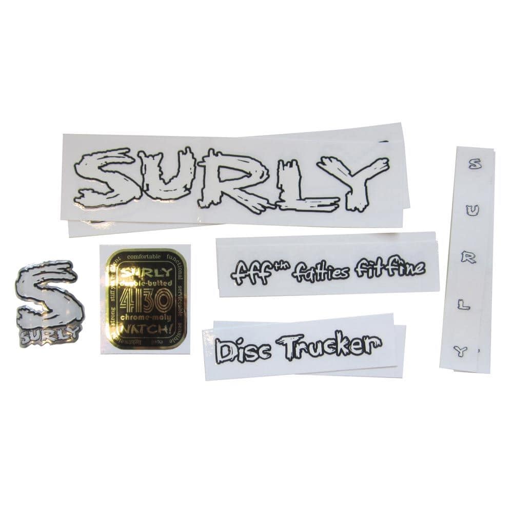 Surly Bikes decal kits and accessories with authentic headbadge spares, featuring various stickers and branding elements for bike customization.