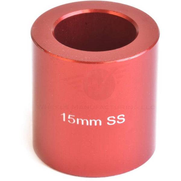 Wheels Manufacturing 15mm axle spacer for WMFG Over Axle Kit, workshop tool part, shown with metal finish and precise dimensions.