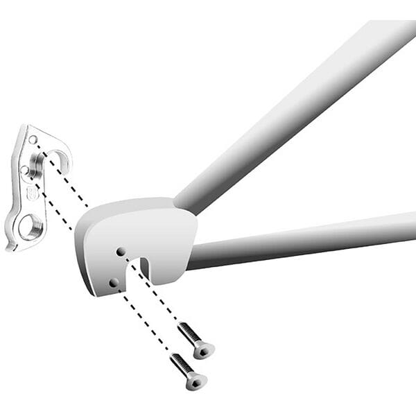 M Part Canyon Silver Anodised Bike Frame Gear Hanger, component for bike protection, shown on a bike frame.