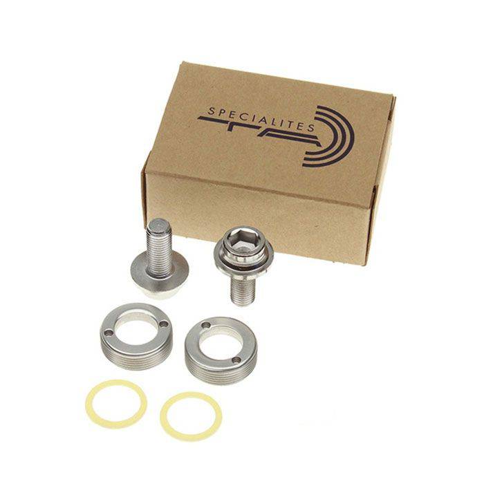 Specialites TA self-extracting crank bolts and dustcap spares kit for bicycle components, shown in the image.