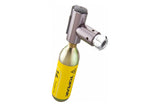 Topeak AirBooster Compact CO2 inflator for Presta and Schrader valves with dust cap, shown with attached valve and dust cap.