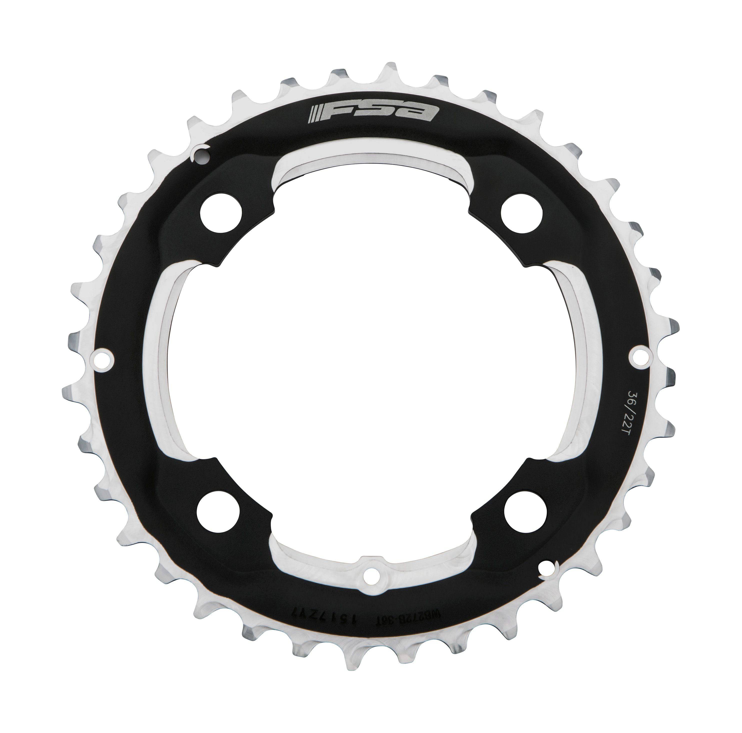 FSA Pro MTB chainring 104x44T for Brose eBike, black CNC machined 4-hole component with intricate design and mounting holes.