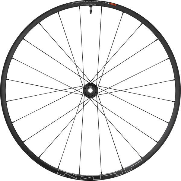 Shimano WH-MT620 tubeless-compatible 29er front wheel with black finish and 15x110mm axle, suitable for mountain bikes.