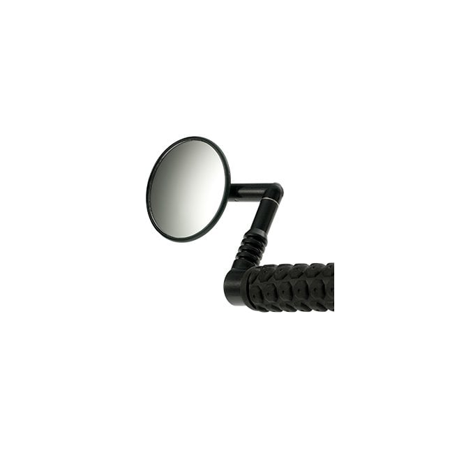 Mirrycle mountain bike mirror with adjustable convex lens mounted on flat handlebars for rearview visibility.
