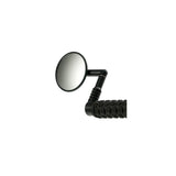 Mirrycle mountain bike mirror with adjustable convex lens mounted on flat handlebars for rearview visibility.