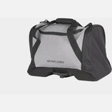 AtranVelo PULSE AVS 36L black duffle bag with reflective accents and AVS mounting system, shown from side angle with adjustable straps.