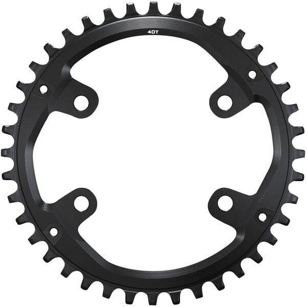 Shimano CUES FC-U8000-1 single chainring for 11/10/9 speed bike drivetrain, close-up of black bicycle component.