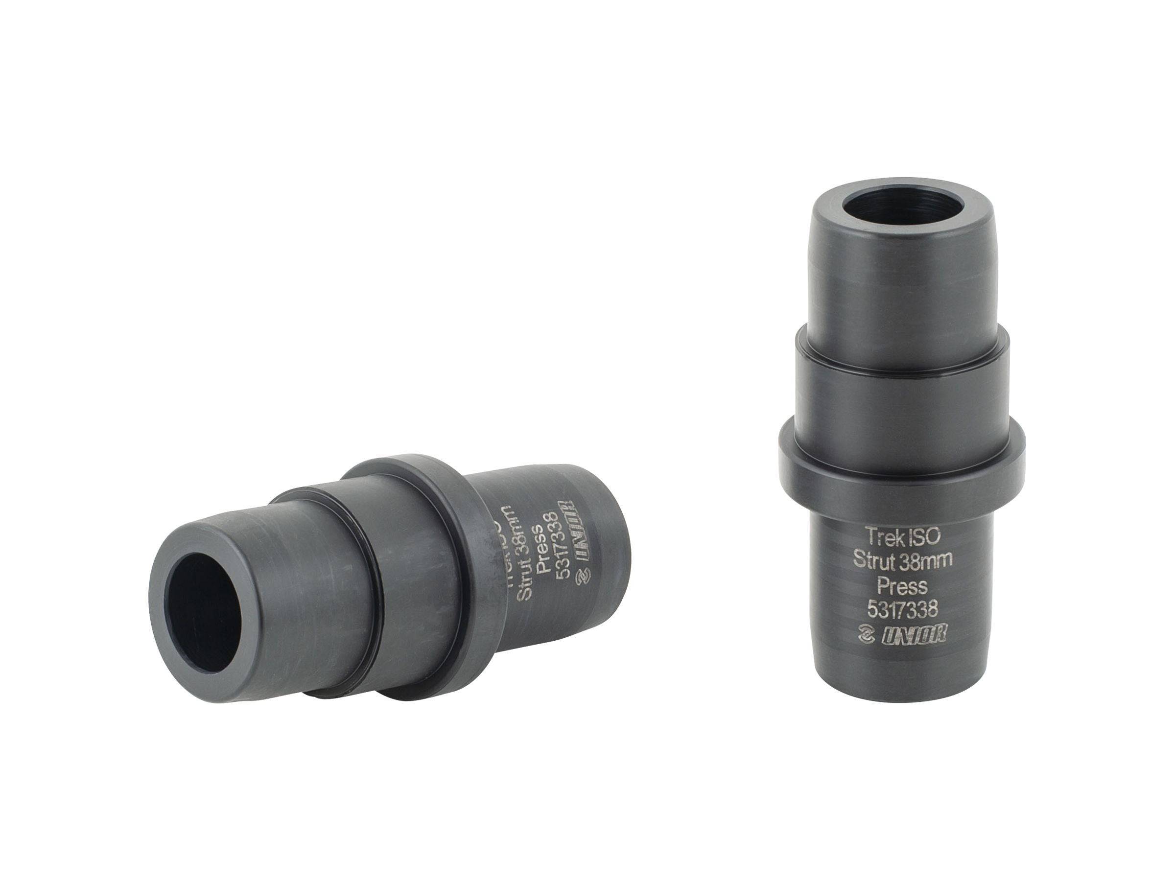 Trek 2024 Supercaliber IsoStrut seal and bushing press set for frame maintenance, shown in black, with tools and components.