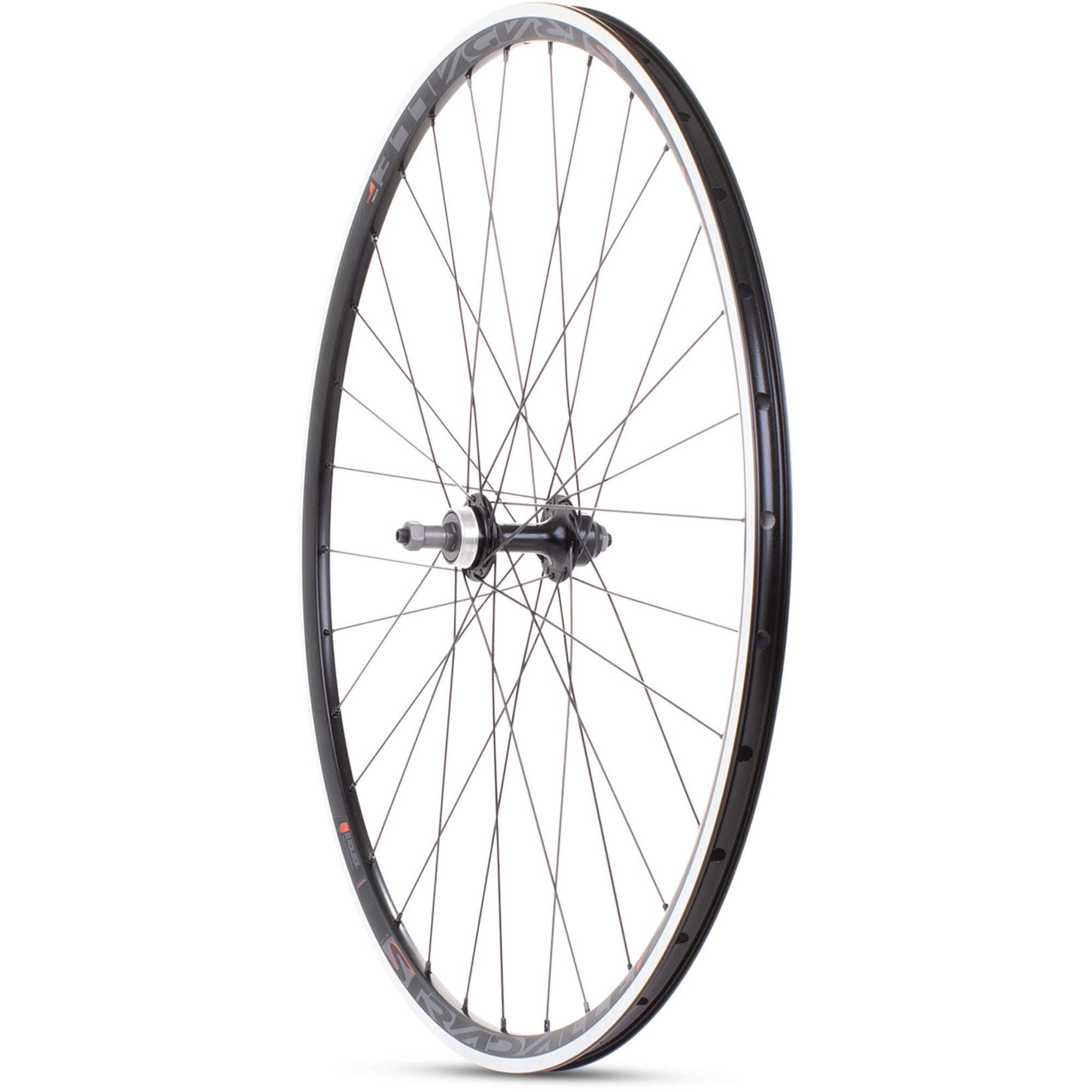 Black M Part Wheels 700c road rear quick release wheel with rim brake compatibility, shown with quick release screw on axle.