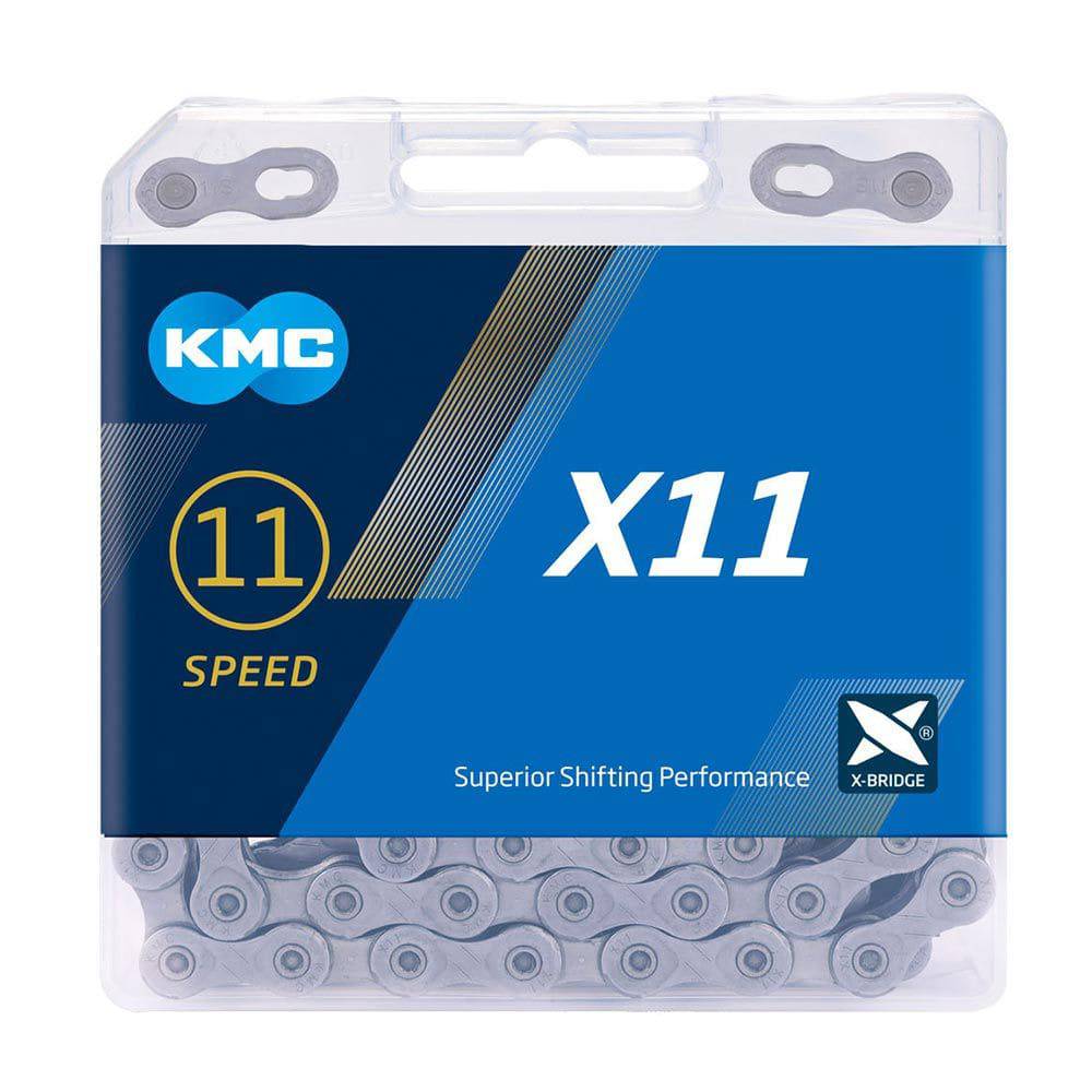 KMC X11 11-speed bike chain for MTB, durable non-directional race chain with 114L and 118L links, suitable for mountain biking.