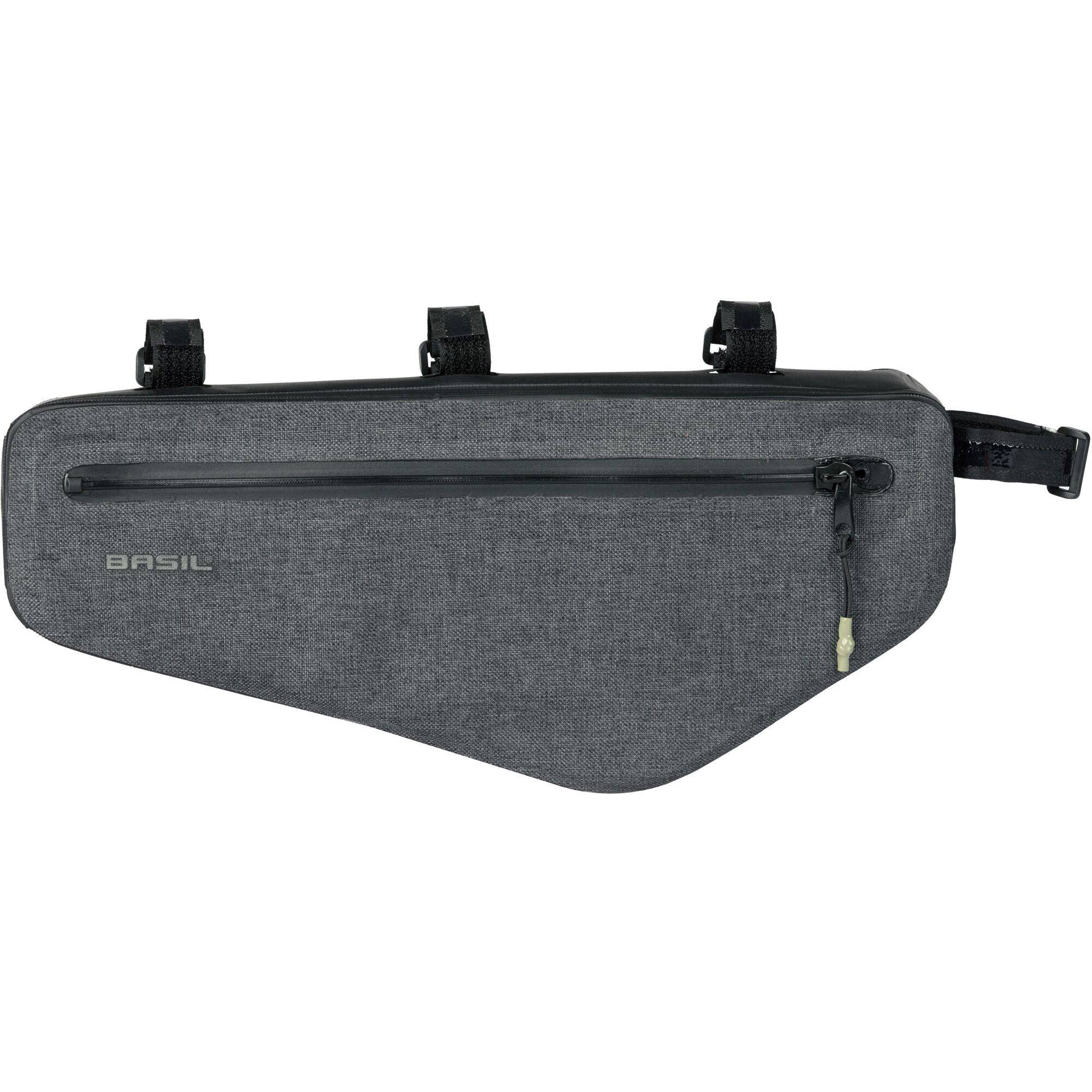 Black Basil Navigator Storm Frame Bag M 2.2L waterproof accessory with reflective logos, shown mounted on a bicycle frame.