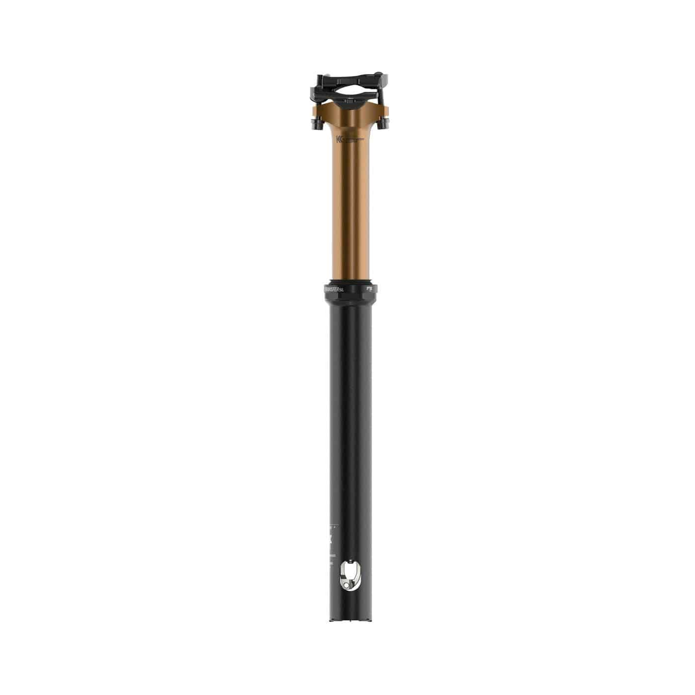 Fox Transfer SL Factory dropper seatpost for gravel and XC racing bikes, showing the sleek, black component with branding details.