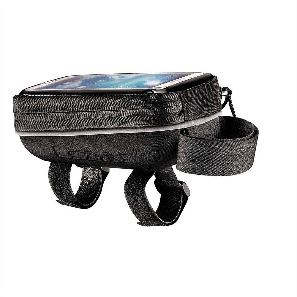 Lezyne Smart Energy Caddy bike phone holder with touchscreen-compatible cover, mounted on bike handlebars for easy access.