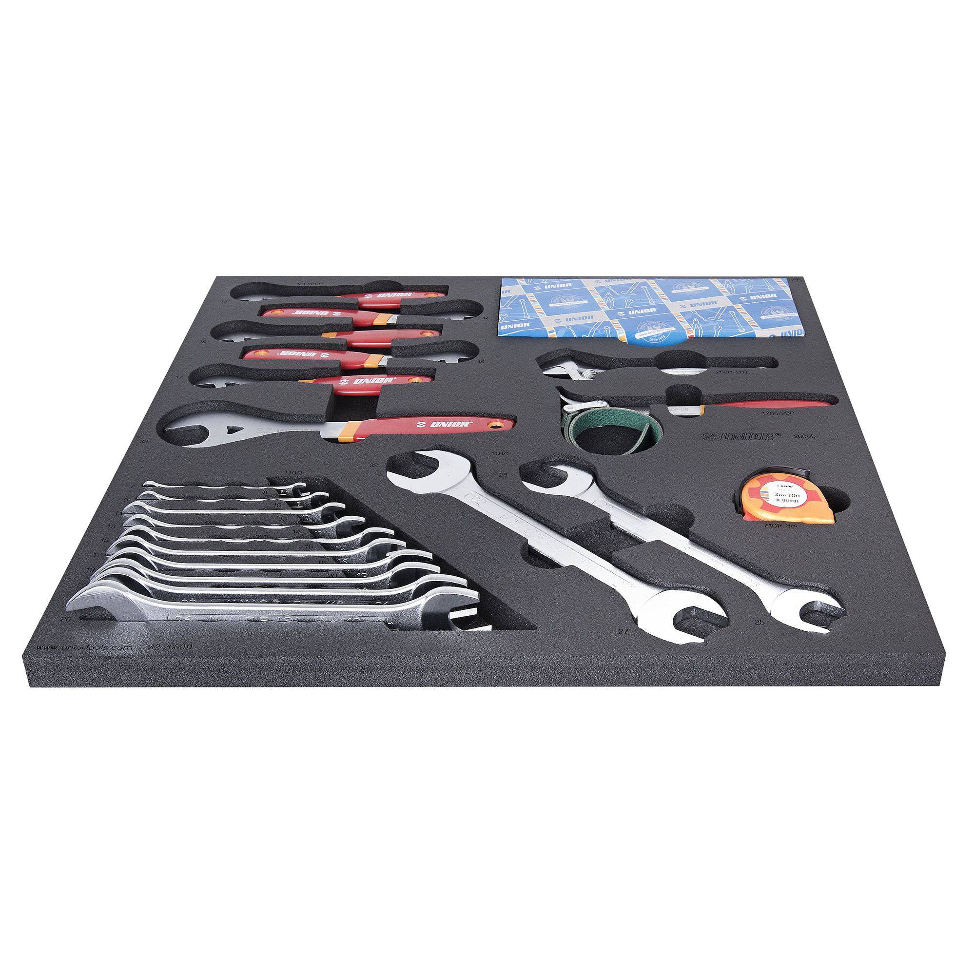 UNIOR workshop tool set in red tray with wrenches, tape measure, and caliper for 2600D model, organized and ready for use