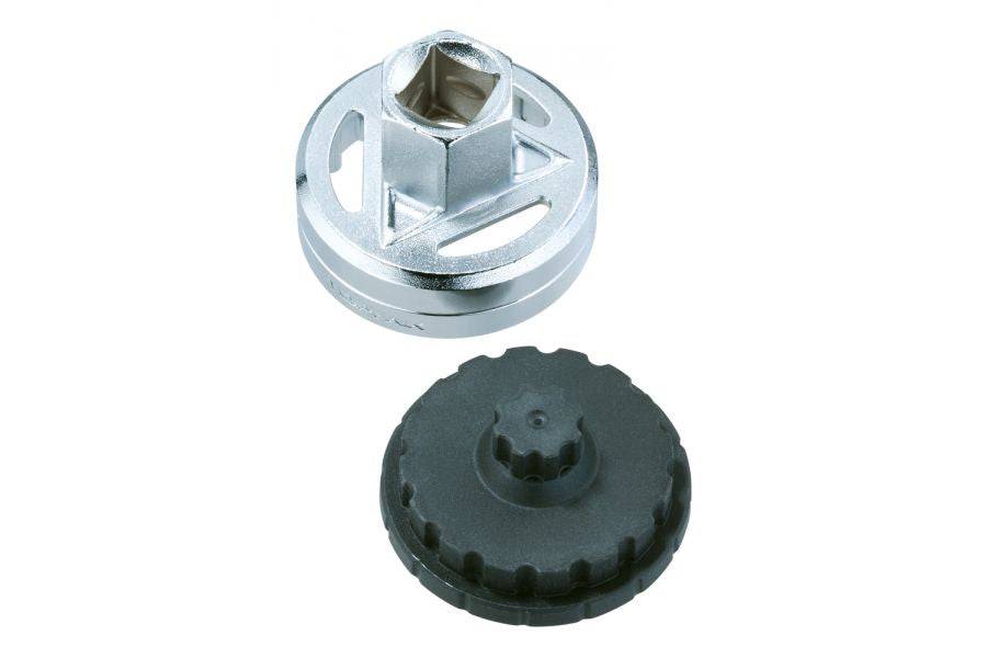 Topeak external bottom bracket tool for bikes, silver and black, used for bike maintenance and workshop repairs.