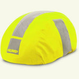 HUMP reflective waterproof helmet cover with elastic fit designed for adult helmets, providing visibility and protection.