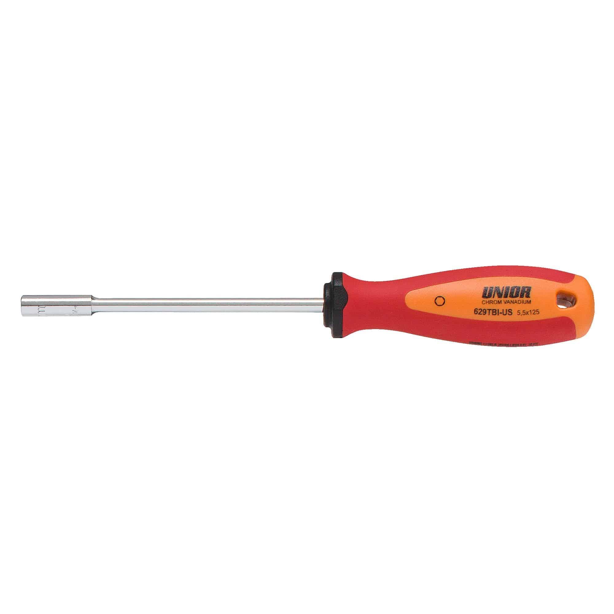 UNIOR 5.5mm socket wrench with ergonomic TBI handle in red, DIN 3125 compliant, suitable for workshop use.