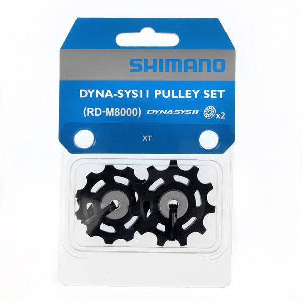 Shimano Deore XT RD-M8000/M8050 derailleur tension and guide pulley set for bike component replacement.