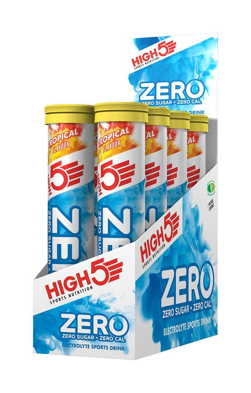 High5 ZERO hydration electrolyte tablets in a tub, sugar-free with vitamin C, shown in a close-up image of the product packaging.