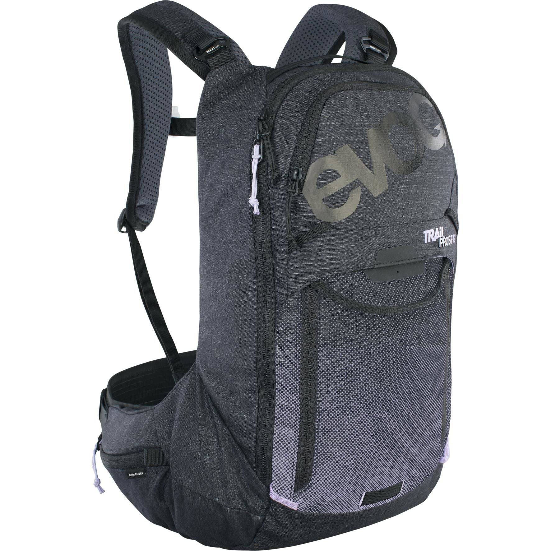 EVOC Trail Pro Protector Backpack SF 12L with hydration reservoir and back protection, shown with adjustable straps and side compartments.