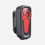 Infini Metis rechargeable rear light with automatic brake light function, showcasing its sleek design and safety features.