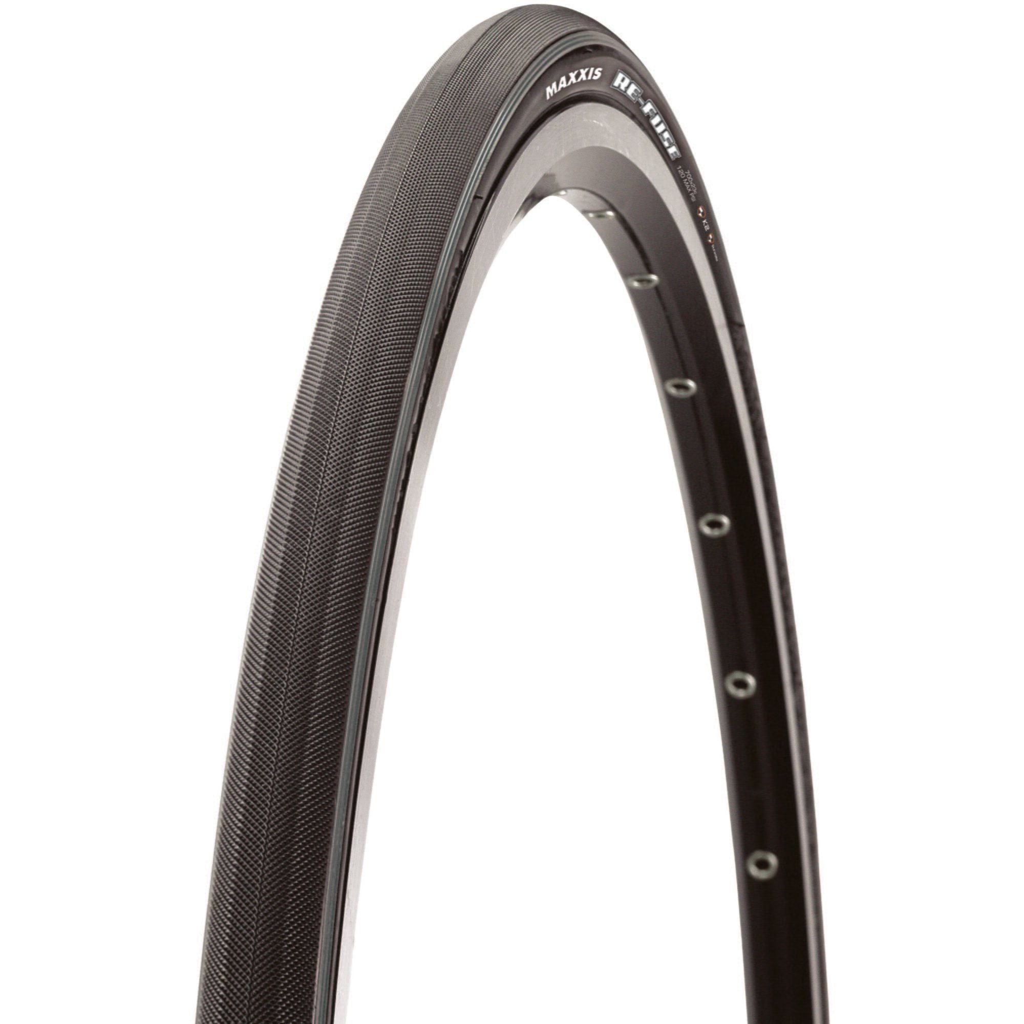 Maxxis Re-Fuse 700x23c folding road bike tyre with MaxxShield puncture protection and 60 TPI single compound construction.