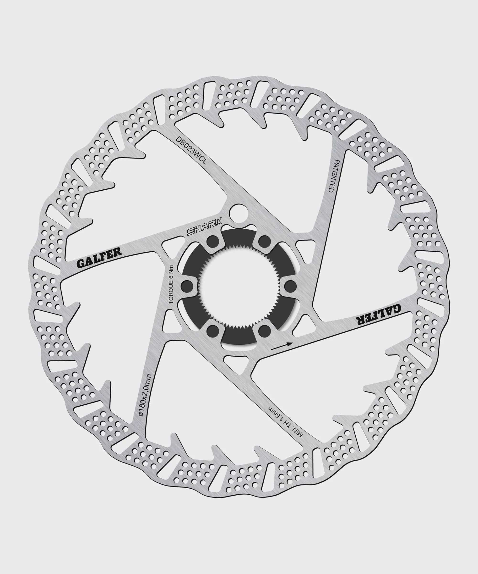 Galfer Shark 6-bolt MTB disc brake rotor showing a high-performance bicycle component with a silver finish and six bolt holes for mounting.