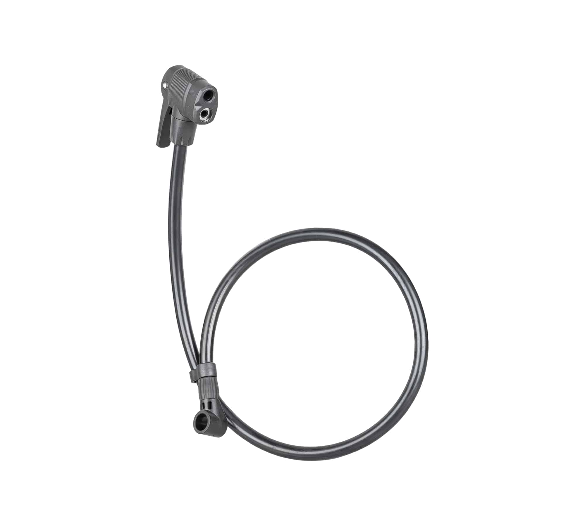 Bontrager TLR Flash Can pump head with hose for tubeless tire inflation, shown with mounting and spare parts.