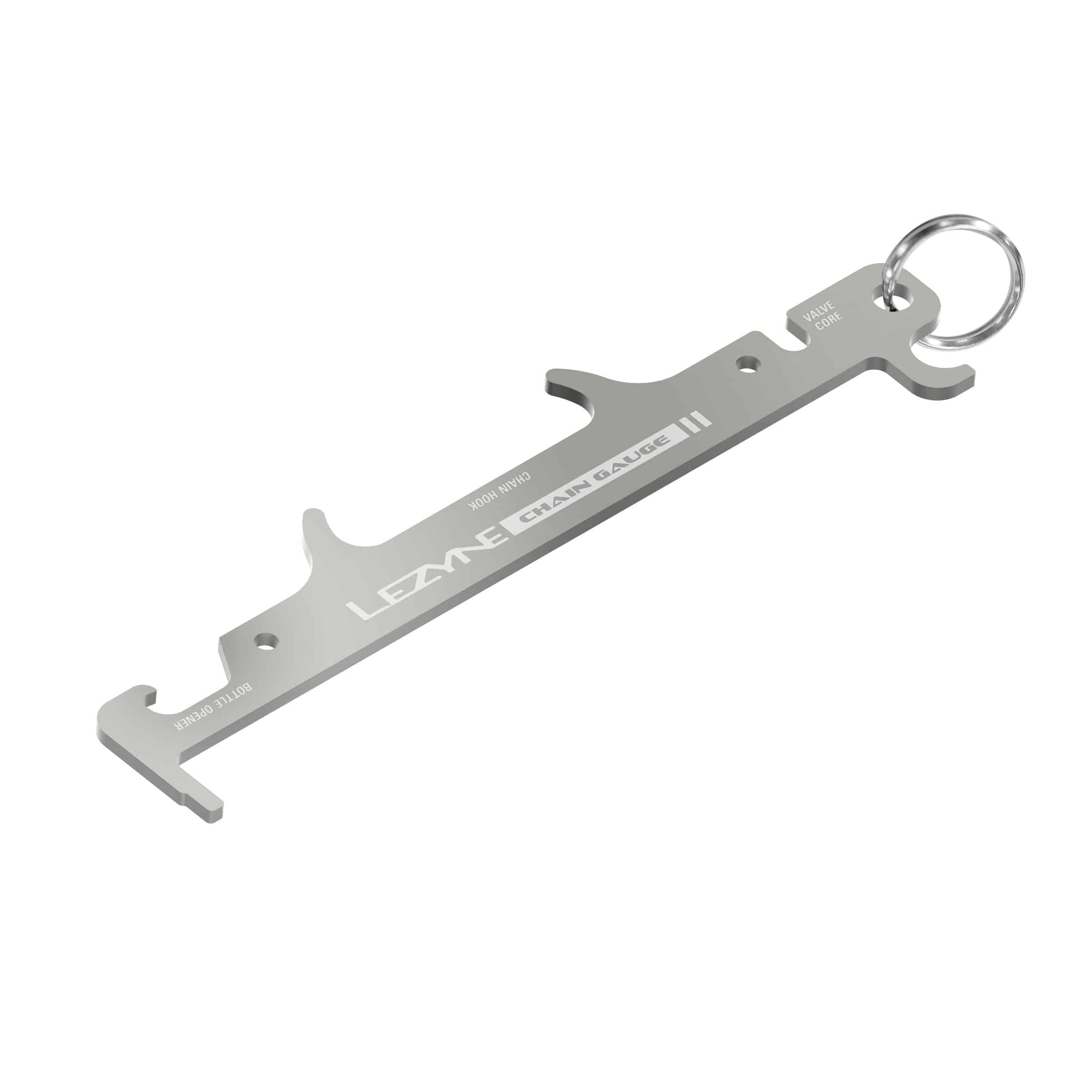 Lezyne workshop chain gauge tool measuring bicycle chain wear and maintenance, with clear markings and compact design.