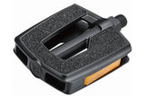 Black System EX DP550 bike pedals with grip tape and boron spindles, close-up view showing textured surface and durable construction.