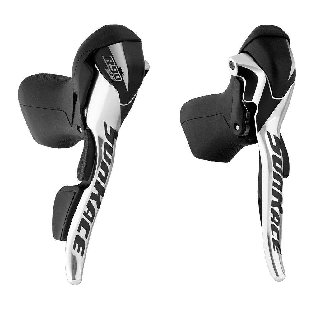 SunRace R90 9-speed road bike brake levers and shifters with push-push design mounted on a handlebar.