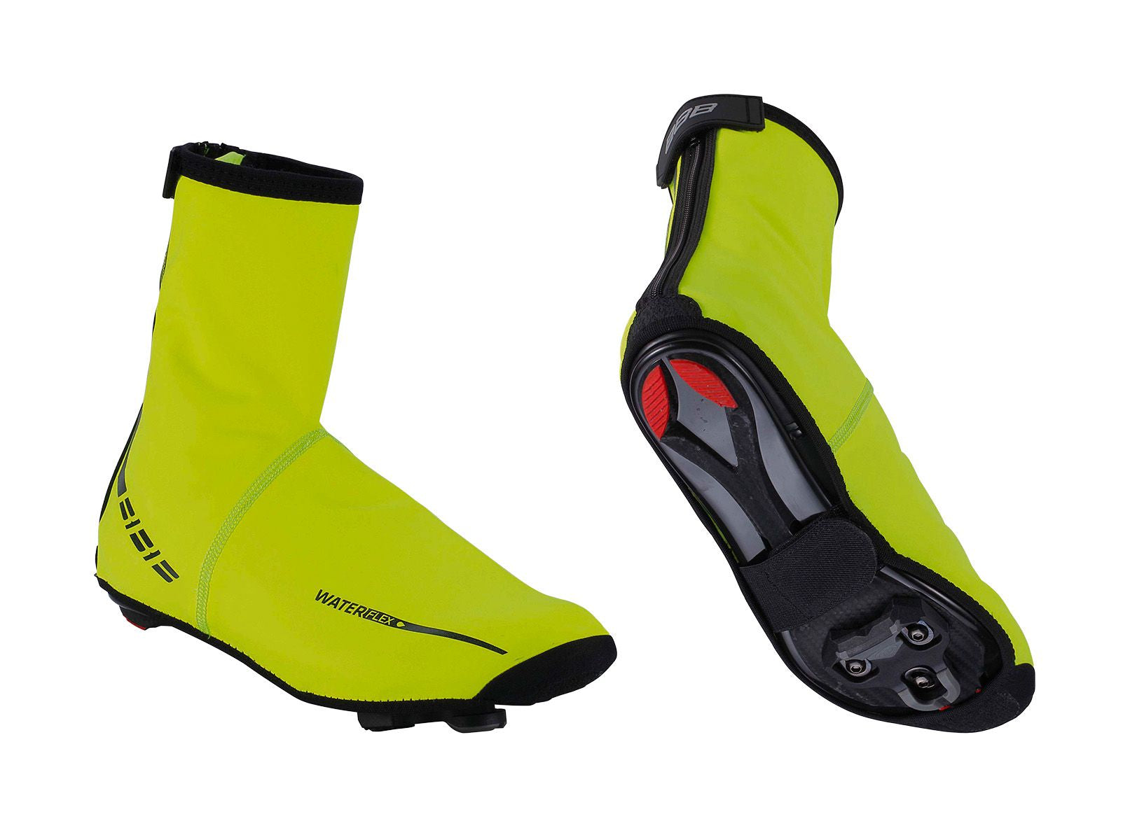 BBB WaterFlex Shoe Covers V2 overshoes, waterproof and reflective, shown on a pair of shoes for outdoor protection and visibility.