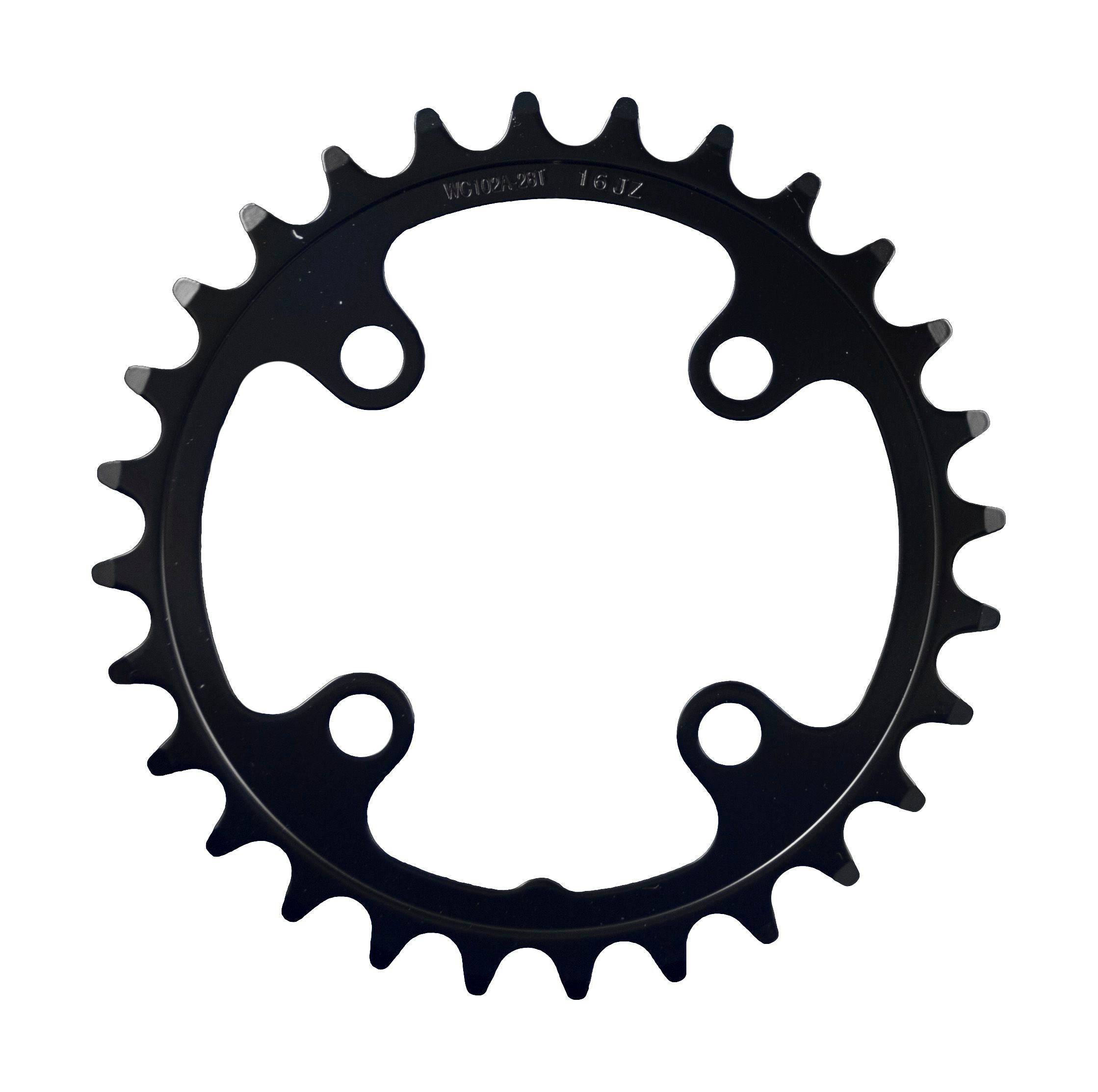 FSA Steel Modular MTB chainring 2x11 speed black with 68x28T 4-hole design, showing close-up of chainring teeth and mounting holes.