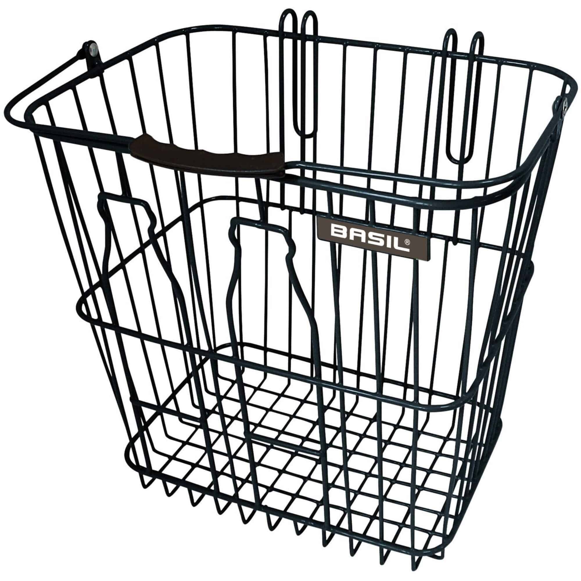 Black Basil bicycle basket with detachable handle, designed for rear luggage racks, ideal for carrying small items and accessories.