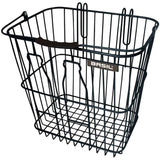 Black Basil bicycle basket with detachable handle, designed for rear luggage racks, ideal for carrying small items and accessories.